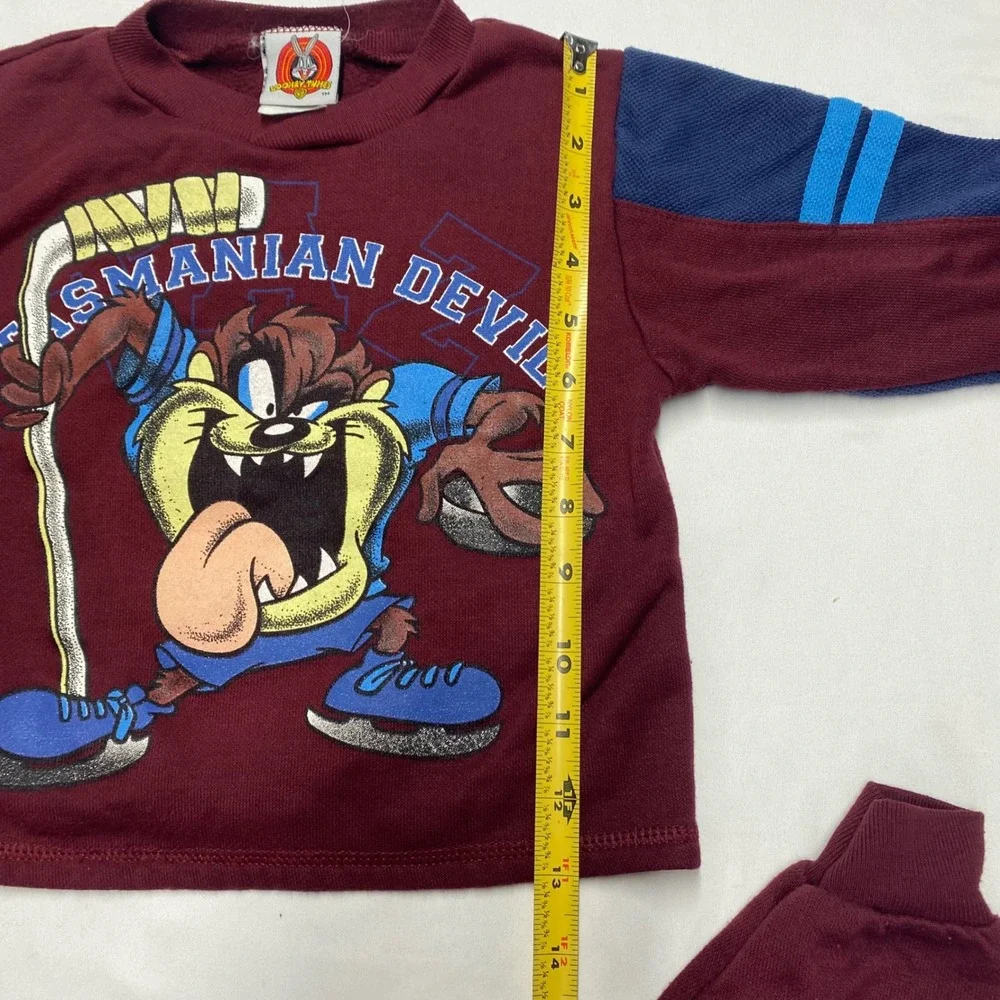 Vintage 1997 Looney Tunes Tasmanian Devil Hockey Sweatsuit Set Toddler 4 Maroon